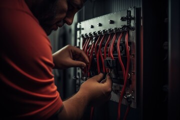 A man is seen working on an electrical panel. This image can be used to depict electrical repairs, maintenance, or installations. - obrazy, fototapety, plakaty