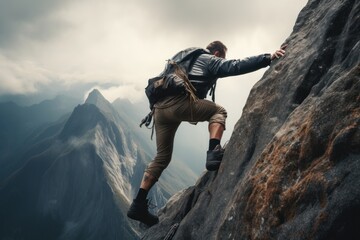 A man is seen climbing up the side of a mountain. This image can be used to depict determination, adventure, and the pursuit of personal goals.