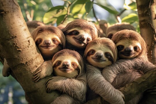 A group of sloths relaxing and hanging out in a tree. This picture can be used to depict the calm and slow-paced nature of sloths and their habitat.
