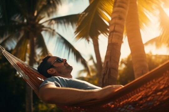 A picture of a man peacefully lying in a hammock between two palm trees. This image can be used to depict relaxation, vacation, tropical destinations, or a peaceful getaway.