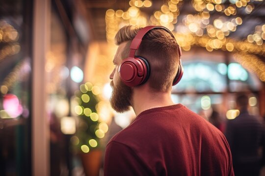 A picture of a man with a beard wearing red headphones. This image can be used to illustrate concepts related to music, technology, leisure, or fashion.