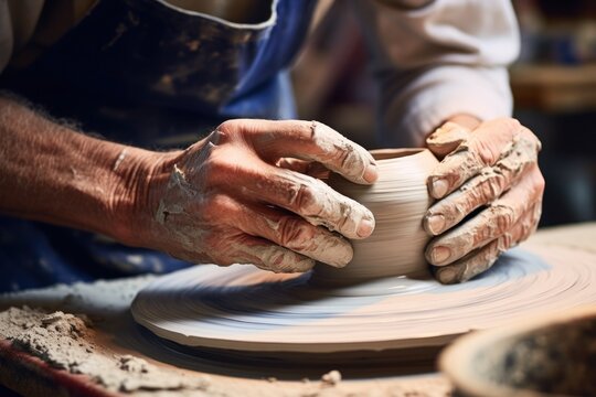 A man is shown crafting a bowl out of clay. This versatile image can be used to illustrate pottery, art, creativity, craftsmanship, and DIY projects.