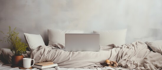 Lifestyle concept laptop resting on a disordered colorless bed