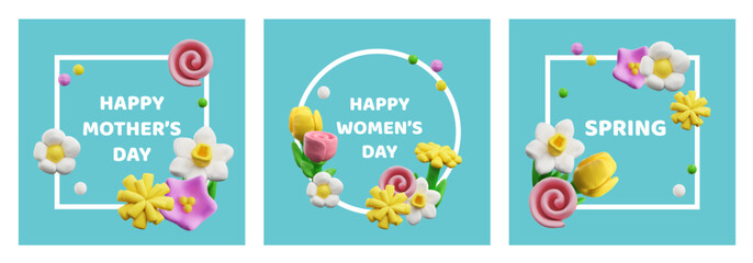 Fototapeta na wymiar Realistic plasticine spring flowers on Happy womens day and mothers day vector posters set, 3D clay or dough sculpting