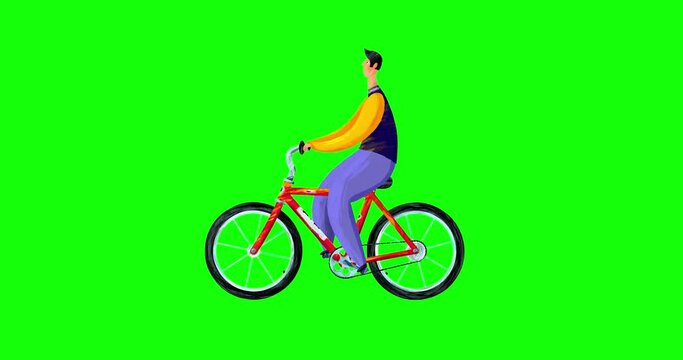 Man character 2 animated riding a bicycle green screen. Paint hand made cartoon style seamless loop. Motion design graphic animation style.
