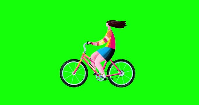 Woman character 2 animated riding a bicycle green screen. Paint hand made cartoon style seamless loop. Motion design graphic animation style.
