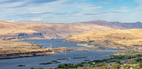Panaramic overview of the Columbia River, The Dalles Bridge and Dam in Eastern Oregon