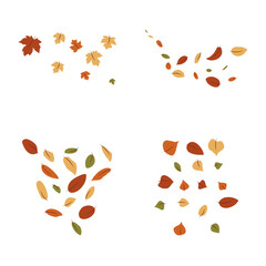 Fallen Autumn Leaves With Seamless Pattern. Vector Illustration Set. 