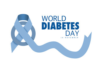 World diabetes day awareness poster banner background design with blue ribbon symbol on world map banner vector illustration