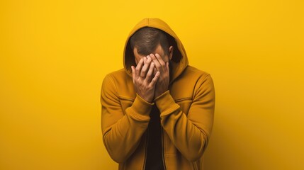 Free photo young man covering face with hands isolated on yellow background with copy space