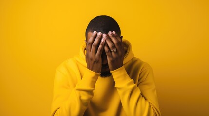 Free photo young man covering face with hands isolated on yellow background with copy space