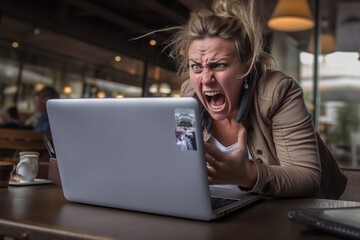 Woman laptop working businesswoman office business sitting angry technology person computer problem