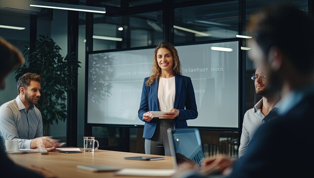 Group of professionals engaged in a discussion during a meeting, fostering collaboration and innovation. A businesswoman is delivering a presentation in a boardroom, showcasing expertise and leadershi