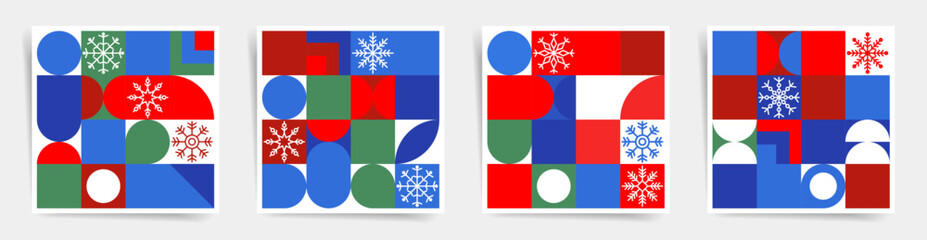 Set of Minimalist Modern Christmas Card Designs. Bauhaus Geometric Patterns with Snowflakes. Elegant Vector Illustrations with Abstract Shapes for Holiday Promotions, Invitations, and Sales.