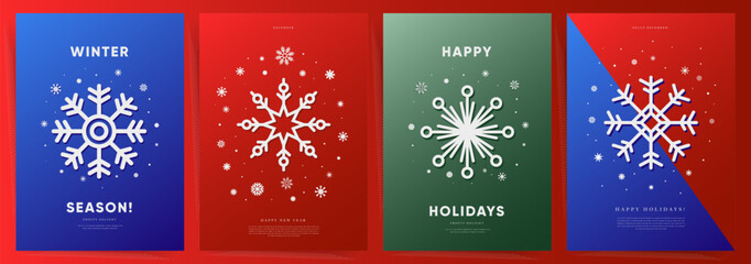 Premium Christmas and New Year A4 Card Set. Festive Gradient Design in Red, Green, and Blue with Elegant Line Art Snowflakes. Festive Posters for Celebrations. Modern, Colorful, Abstract Xmas Art.
