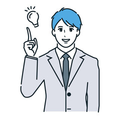 笑顔で説明をする男性のベクターイラスト素材。豆電球、人差し指。