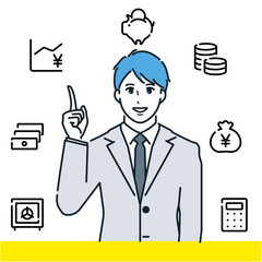 笑顔で金融商品を説明する男性のベクターイラスト素材。金融アイコン、人差し指。