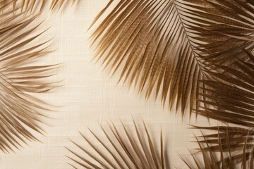 A background image for creative content featuring brown palm leaves framing the frame, with space for customization, providing a customizable backdrop. Photorealistic illustration