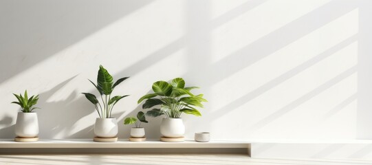 A wide-format banner featuring small potted plants bathed in sunlight against a clean white wall, creating a serene backdrop for various creative content. Photorealistic illustration