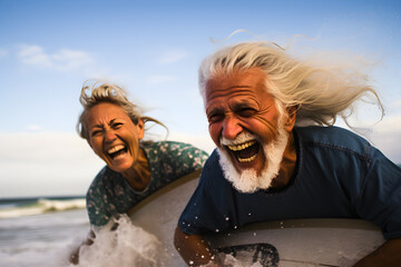 Happy couple of seniors at the beach trying to go surf and having fun together