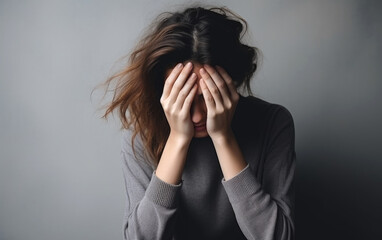 Sad, confused young woman bowed her head and hugged her knees