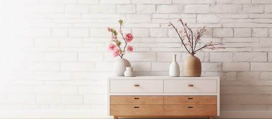 Interior design with wooden drawers and vase against white brick wall