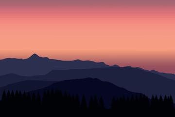 Silhouette landscape with sunset. Vector illustration in flat style.