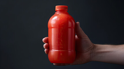 Bottle of tomato juice in hand on gray background, close up
