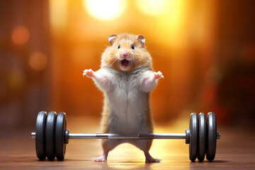 Hamster roborovski standing in front of a barbell. Fitness or healthy lifestyle concept - obrazy, fototapety, plakaty