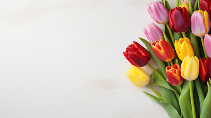 Bouquet of colorful tulip flowers, white wall, space for text, copy space