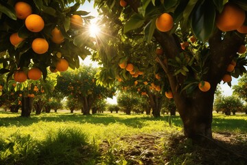 orange garden with lots of orange fruit growing on the trees - obrazy, fototapety, plakaty