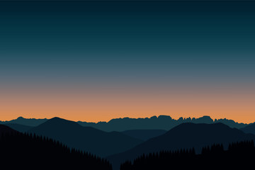 Silhouette landscape with sunset. Vector illustration in flat style.