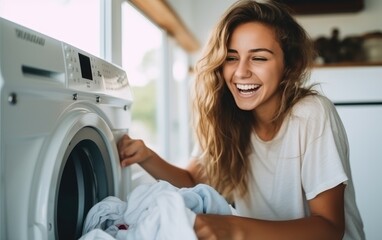 Young woman having fun and laughing while putting clothes in a washing machine - Powered by Adobe
