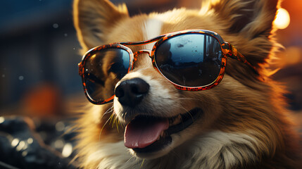 Beautiful fluffy corgi dog in sunglasses lies resting in the sun