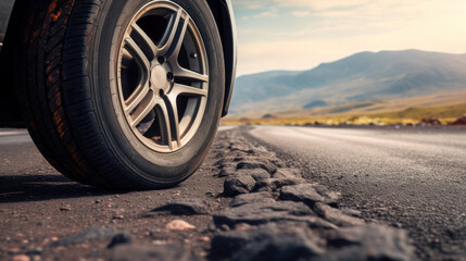 A close-up of a car wheel on an old asphalt road