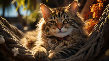 Beautiful fluffy cat lies resting in the sun