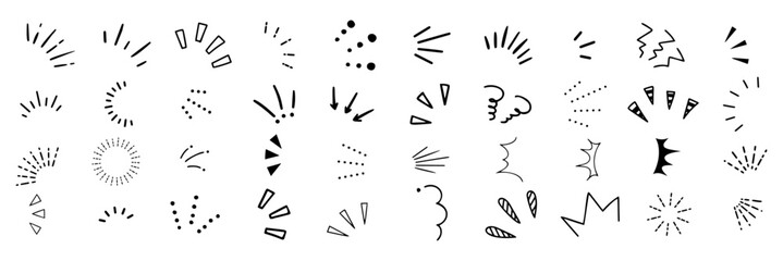 A set of hand drawn attention marks. Doodle shine sunburst sparkle ray elements