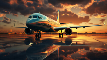 Fototapeta na wymiar Large passenger plane on the runway at sunset. Vacation travel and flights concept