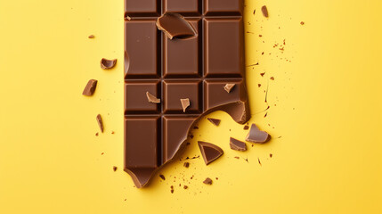 Broken chocolate bar on yellow background. Flat lay, top view