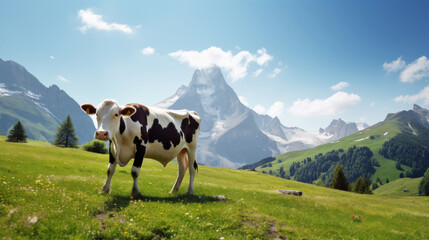 Fototapeta na wymiar A cow on a green meadow against the background of mountains