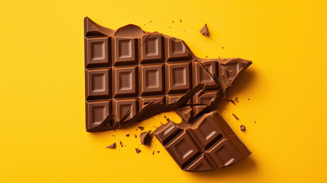 Broken chocolate bar on yellow background. Flat lay, top view