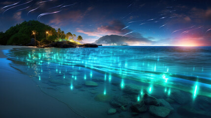 Obraz na płótnie Canvas Beach at night with bioluminescent plankton