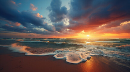 The beach at sunset with soft waves and beautiful fluffy clouds - obrazy, fototapety, plakaty