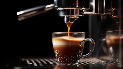Espresso pouring from coffee machine at cafe, Closeup of an espresso coffee shot being brewed from an espresso machine on a dark background - obrazy, fototapety, plakaty
