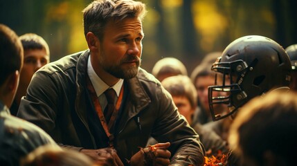Obraz premium American football sports team coach explains strategy to players during championship