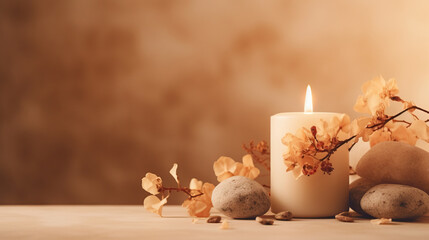 Burning candle on beige background. Warm aesthetic composition with stones and dry flowers. Home comfort, spa, relax and wellness concept. Interior decoration