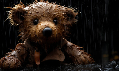 Teddy bear wet with rain