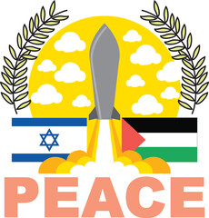 israel and palestine flag with peace text and a rocket launching