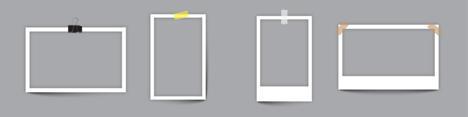 Set of photo frames on sticky tape, pins and rivets. vector - obrazy, fototapety, plakaty
