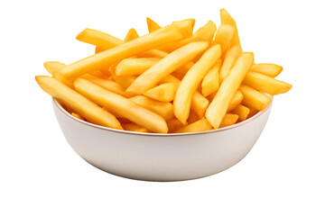 French fries, french-fried potatoes, finger chips, or simply fries in a white bowl isolated on a transparent background, potato fried chips transparent